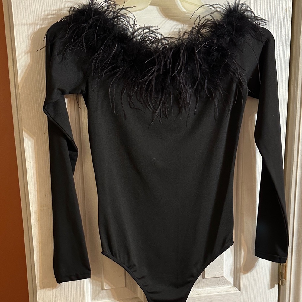 Black Feather Trim Bodysuit